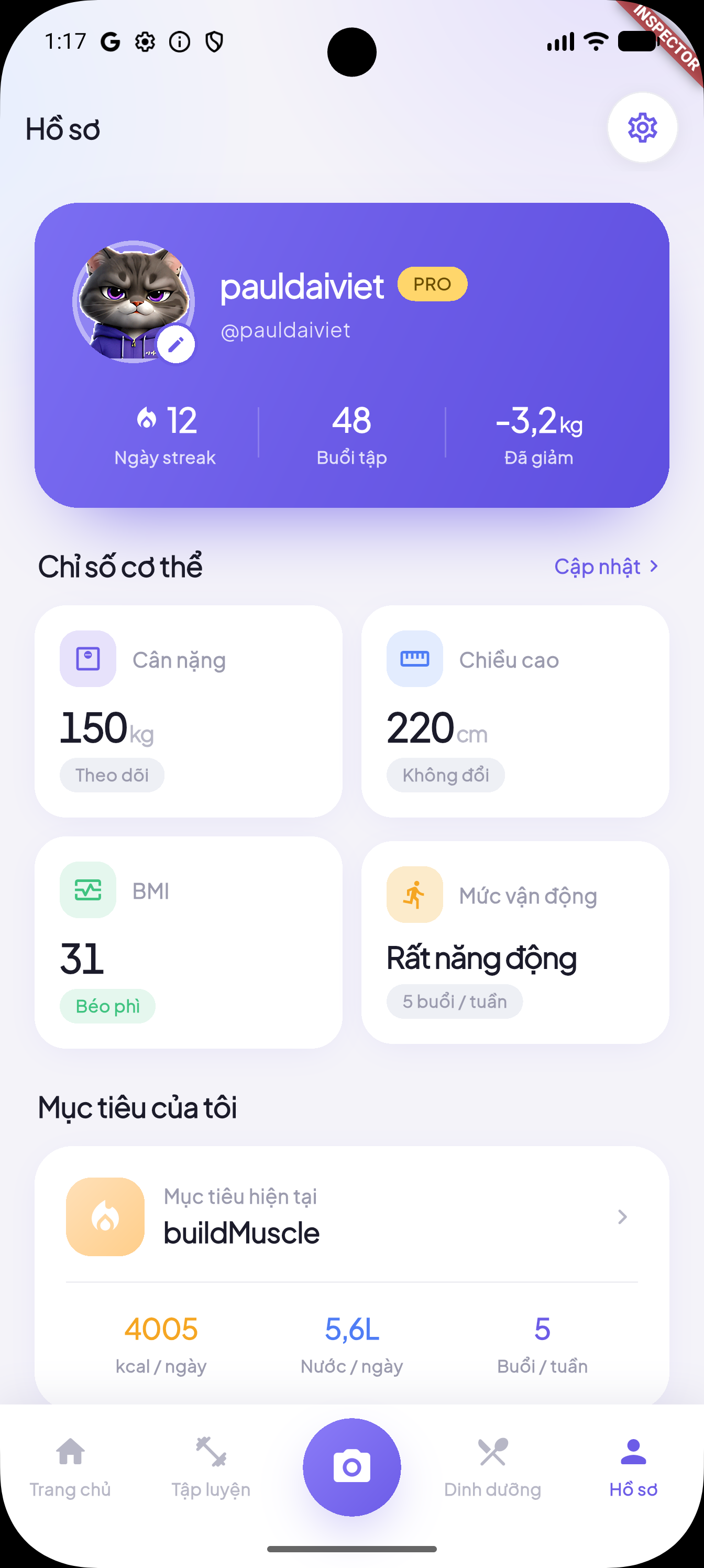 Màn hình tổng quan ngày của app My Coaching: calo, macro và nước
