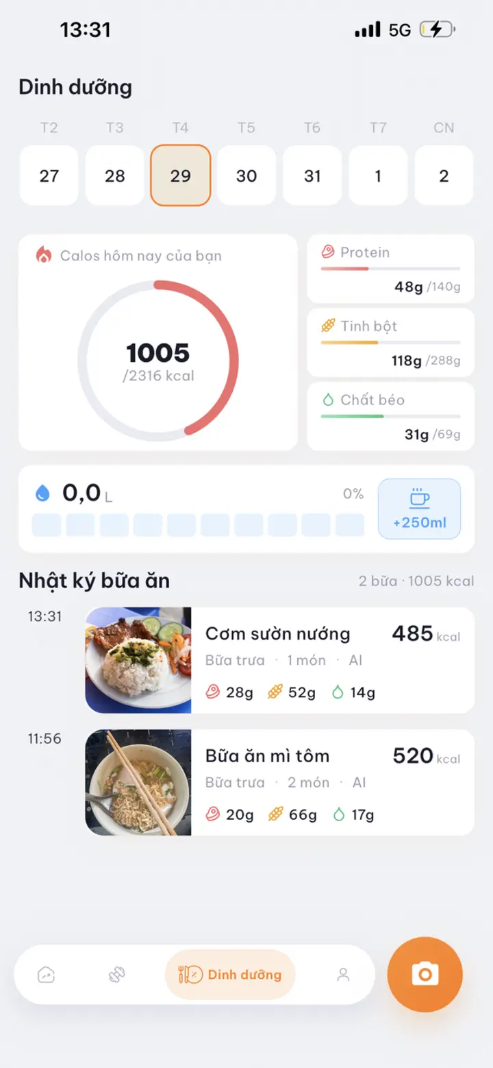 Dinh dưỡng: calo, macro và nhật ký bữa ăn