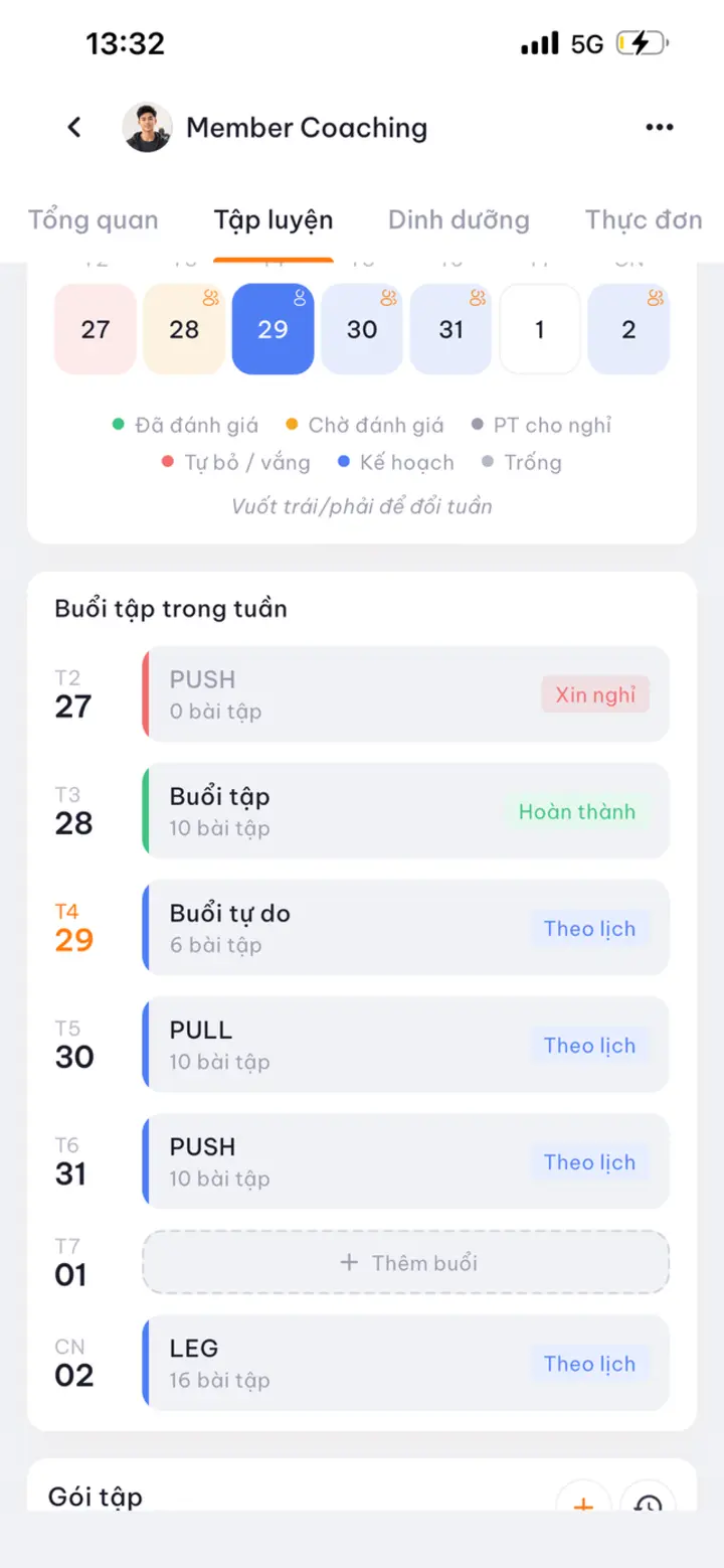 Lịch tập theo tuần của học viên